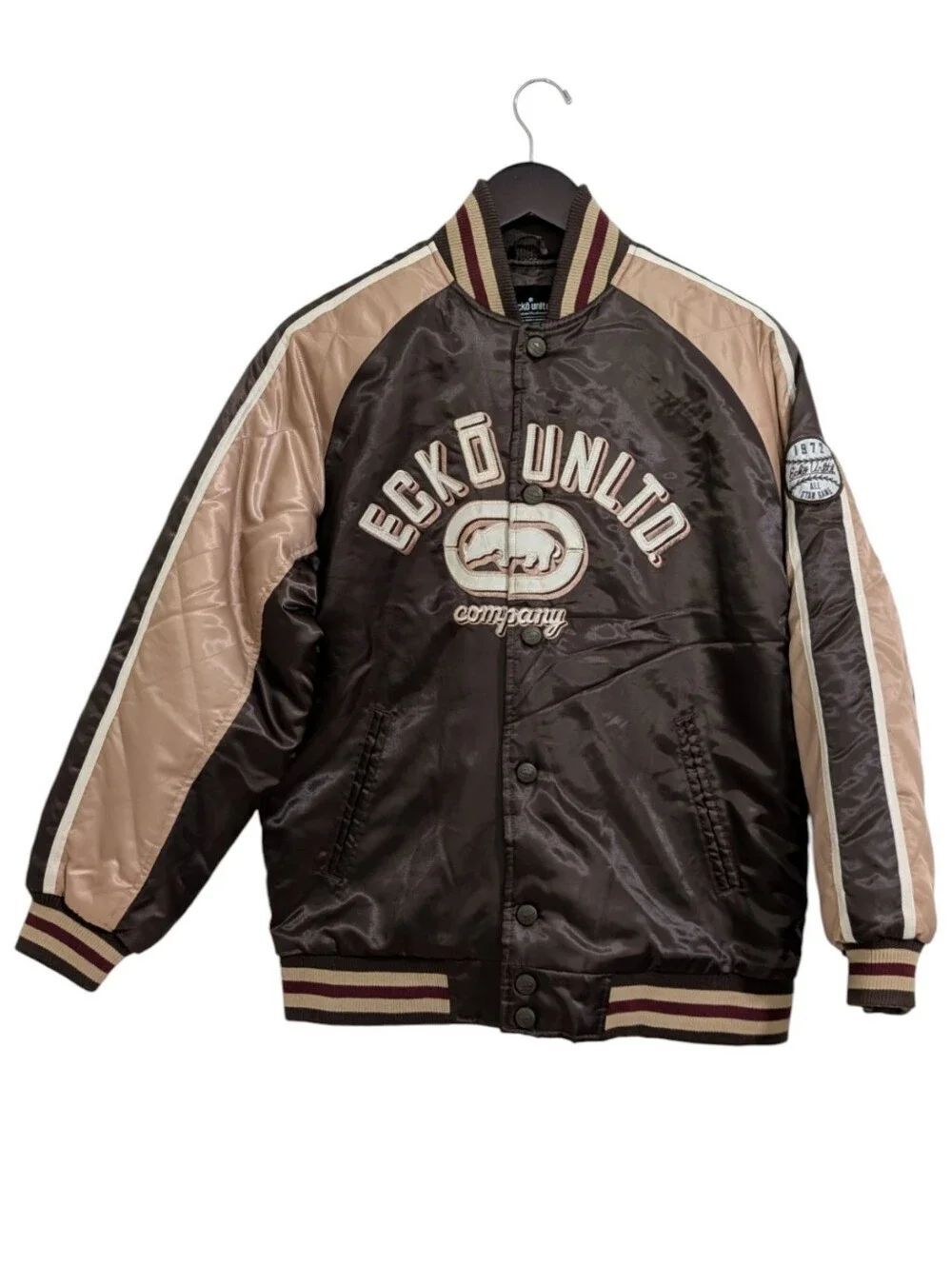 Ecko Unltd Vintage Satin Bomber Varsity Jacket Mens Large Brown Y2K Streetwear